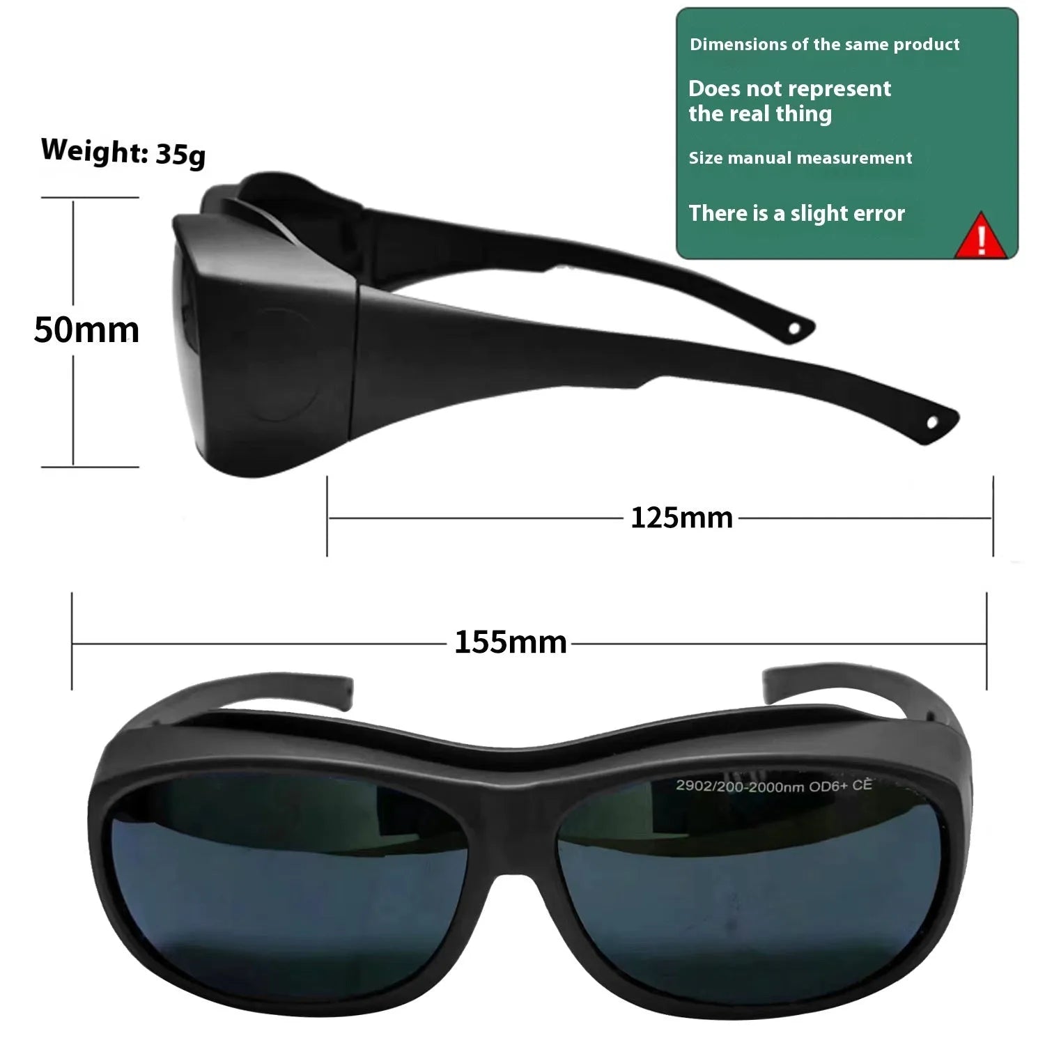 Pair of clear PC laser protection goggles for 200-2000nm wavelength, includes cleaning cloth.
