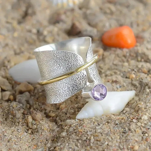 Alloy ring with irregular frosted inlaid watercolour gemstone, electroplated finish, available in sizes No 6 to No 12