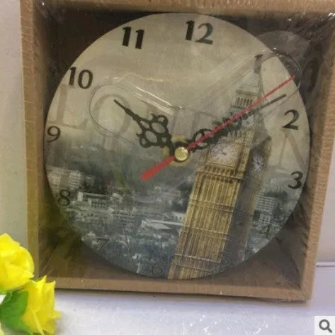 Home wooden table clock 12cm 24-hour dial battery powered promotional gift in multiple colours