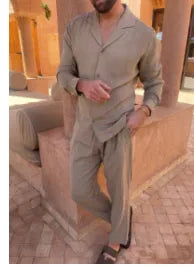 Men's cotton casual suit set with long-sleeve lapel shirt and slim-fit trousers in beige