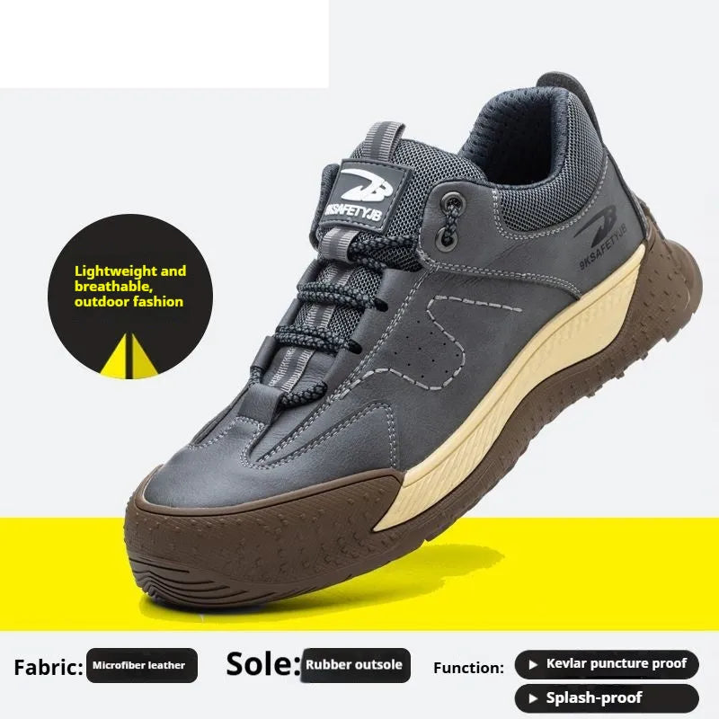 Men's Flyknit style leather work shoes with a rubber sole, shown in black colour