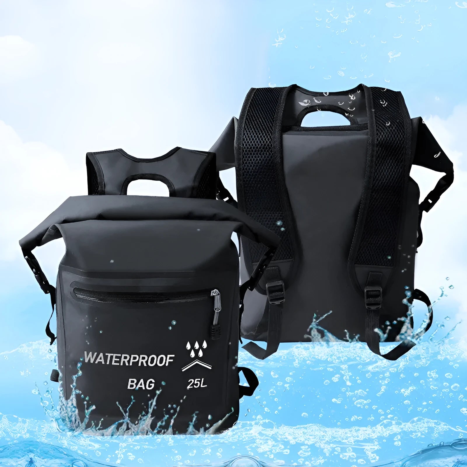Black 25 litre waterproof backpack for outdoor swimming and rafting activities