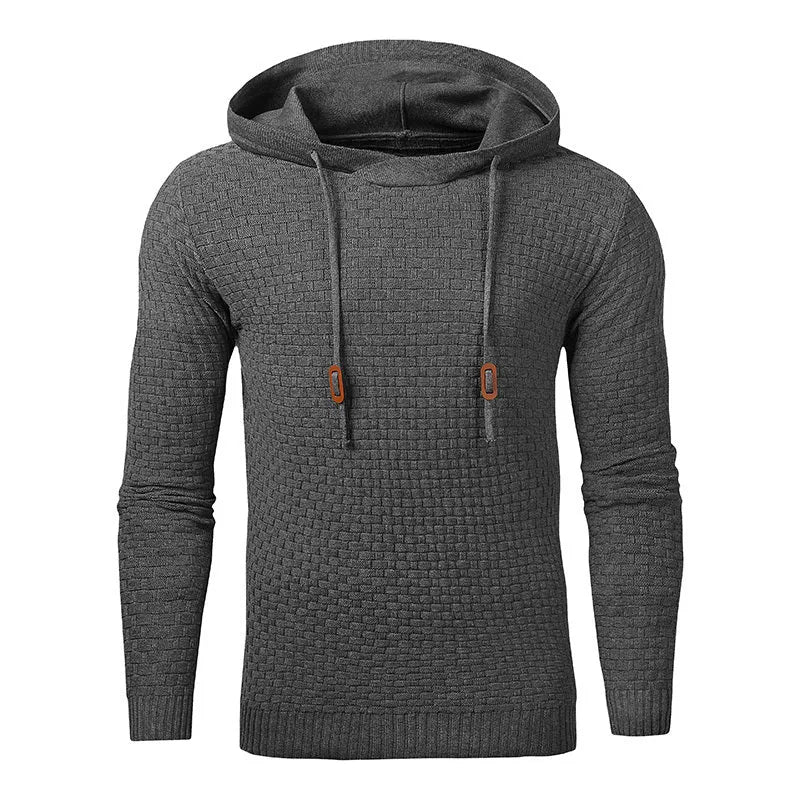 Men's grey cotton-polyester blend hooded sweatshirt on a hanger, showing front design and hood.