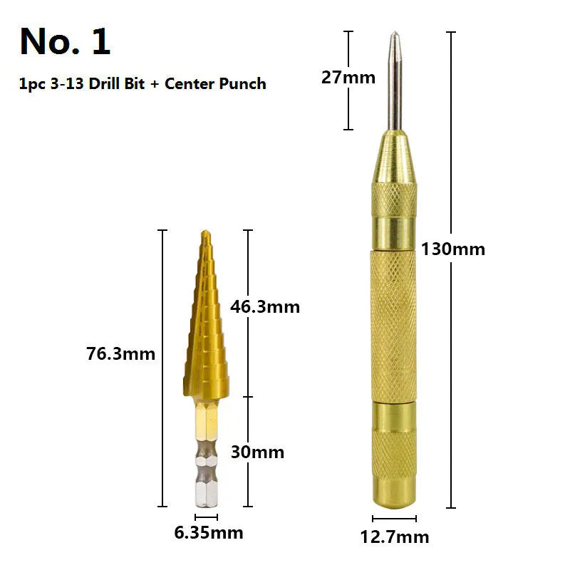 High speed steel cone step drill bits and a centre punch tool set for metal drilling.