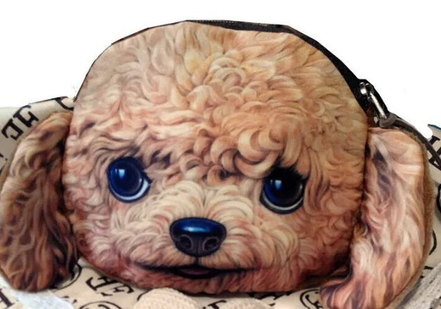 Cute cat face zipper coin purse in soft plush material, 13x12.5cm size, isolated on background
