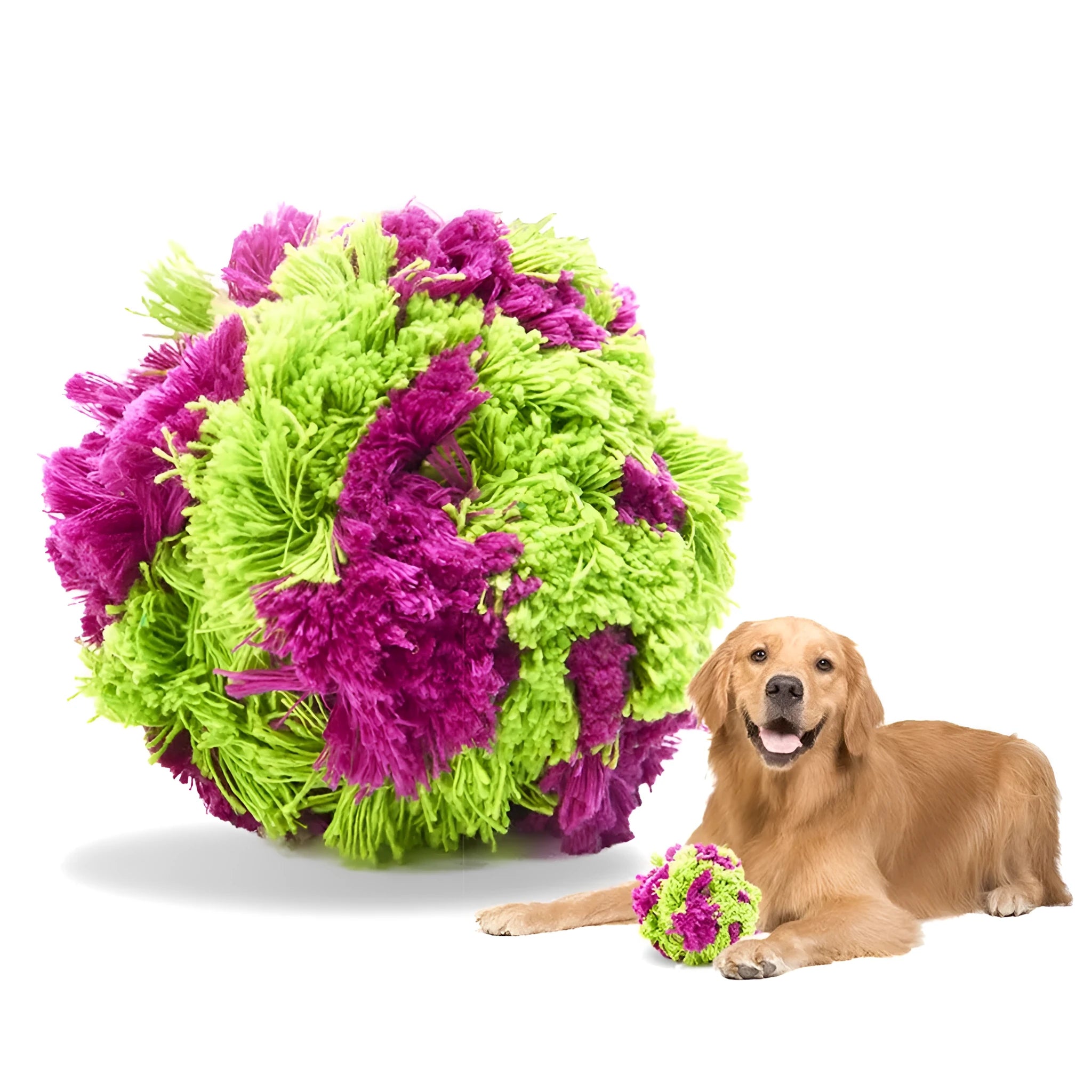 Purple plush dog sea ball chew toy with white knot designs, approximately 15cm diameter