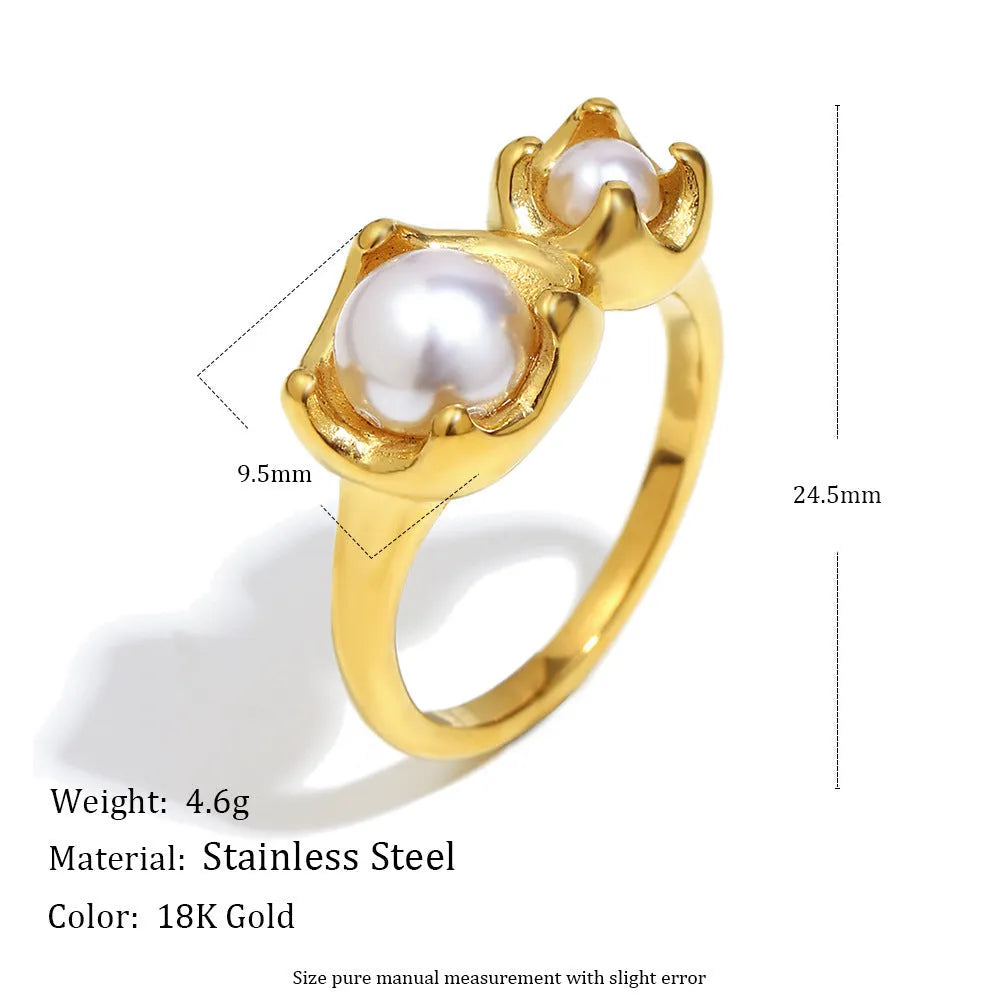 Gold stainless steel ring with bud imitation pearl flower geometry shape for women size options