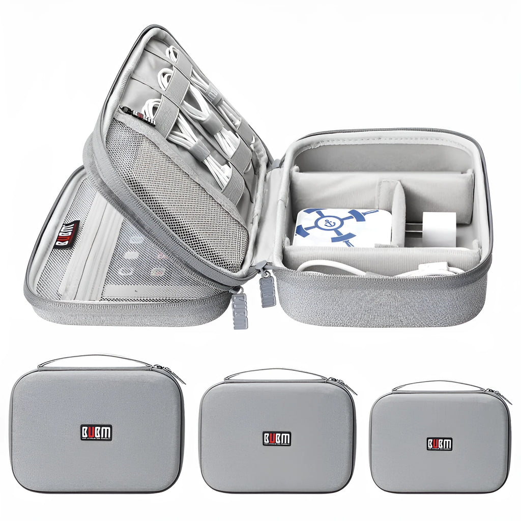 Black and grey EVA digital storage bags for organising headphones and cables, showing single and double layer options.