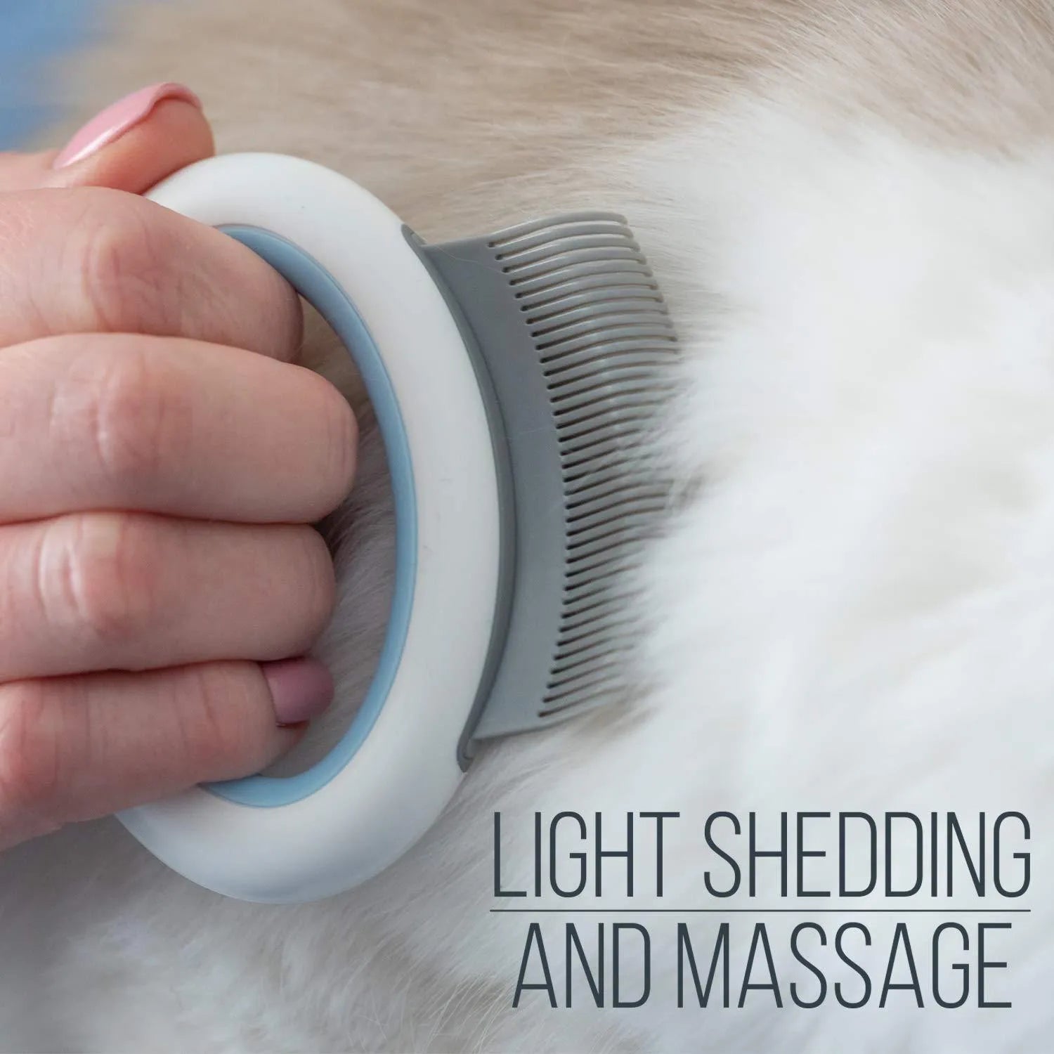 Blue plastic pet grooming comb with ergonomic handle for deshedding cats and dogs.