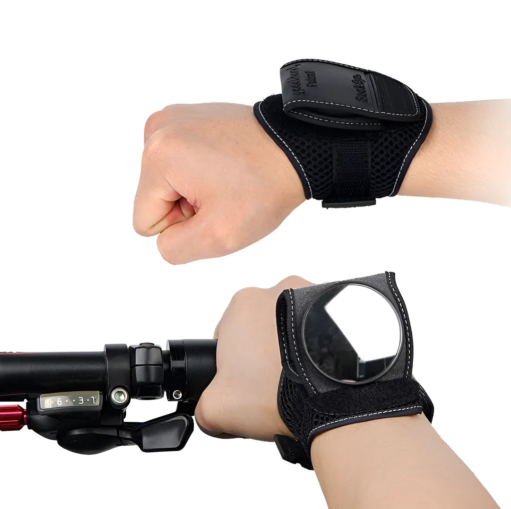 Black wristband bicycle rear view mirror with adjustable arm strap, 5cm convex wide-angle lens and T-shape rubber buckle.