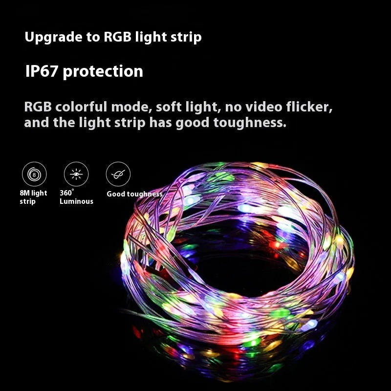 Rechargeable outdoor tent string lights in warm white and colourful LED options on an 8-metre cord