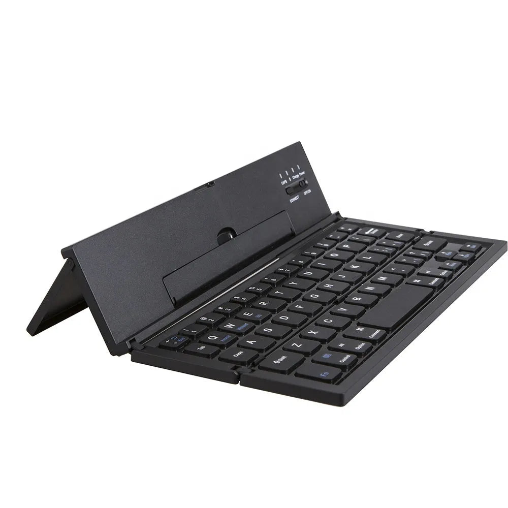 Black folding wireless Bluetooth keyboard for tablets with numeric keypad shown open and closed