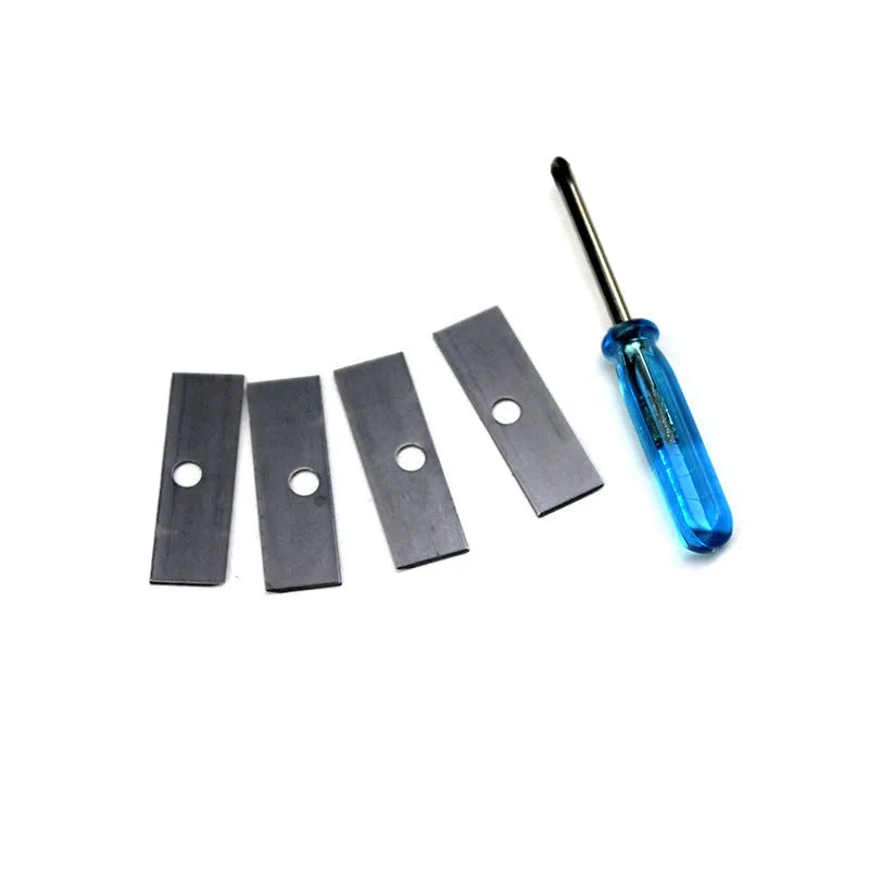 Geometric-shaped plastic pencil sharpener with four holes, four blades, and a screwdriver on a white background.