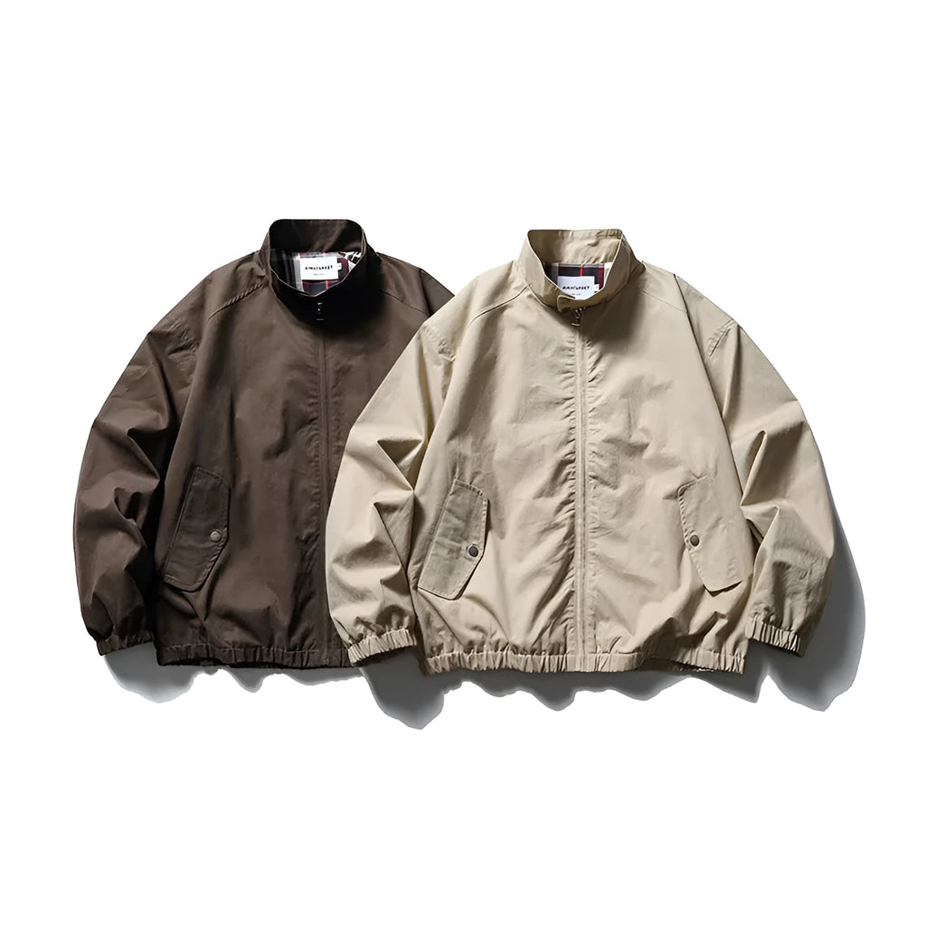 Japanese outdoor stand-up collar casual jacket in solid khaki colour with side pockets