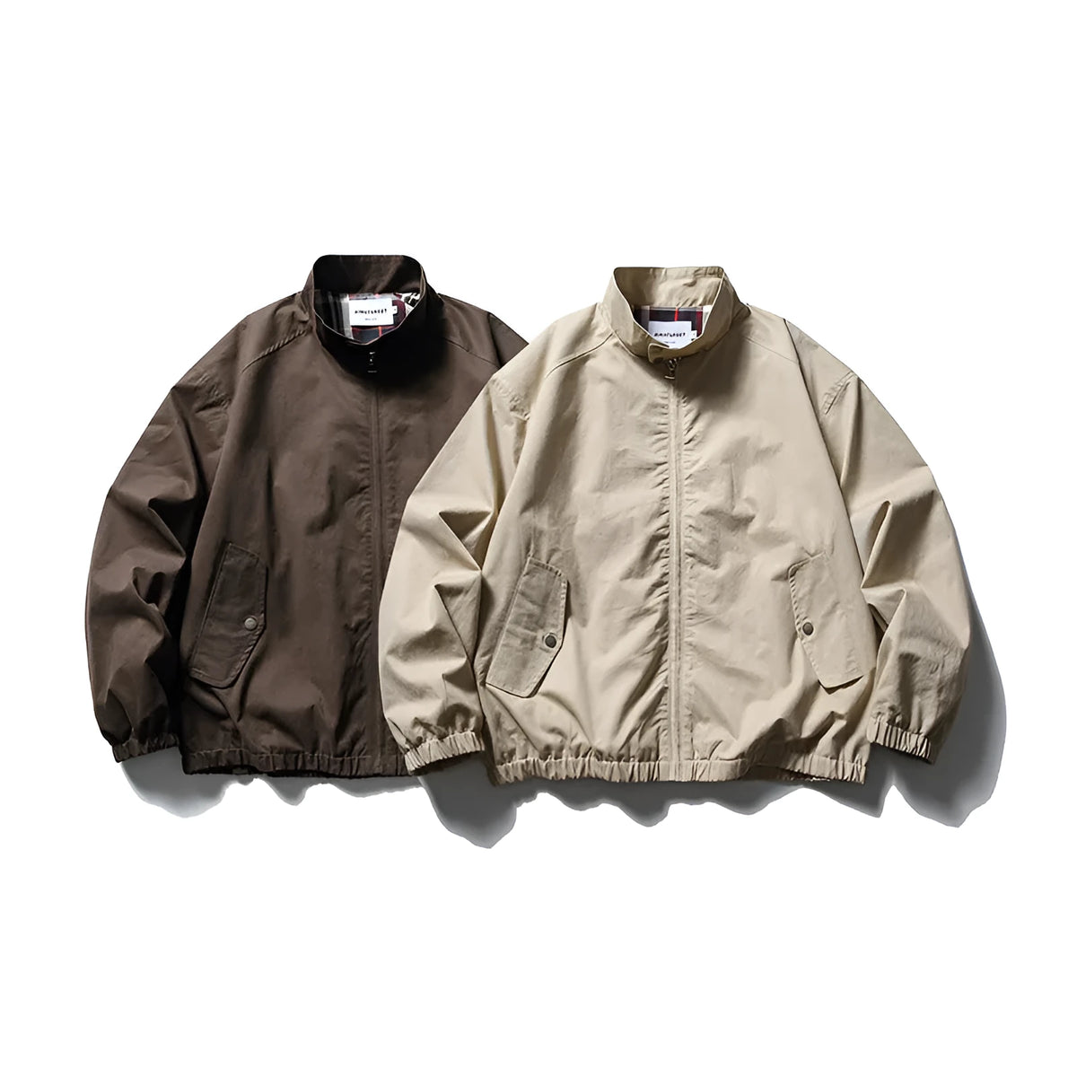 Japanese outdoor stand-up collar casual jacket in solid khaki colour with side pockets