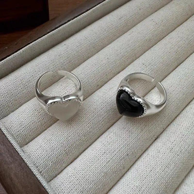 S925 sterling silver heart ring with black agate stone and adjustable opening