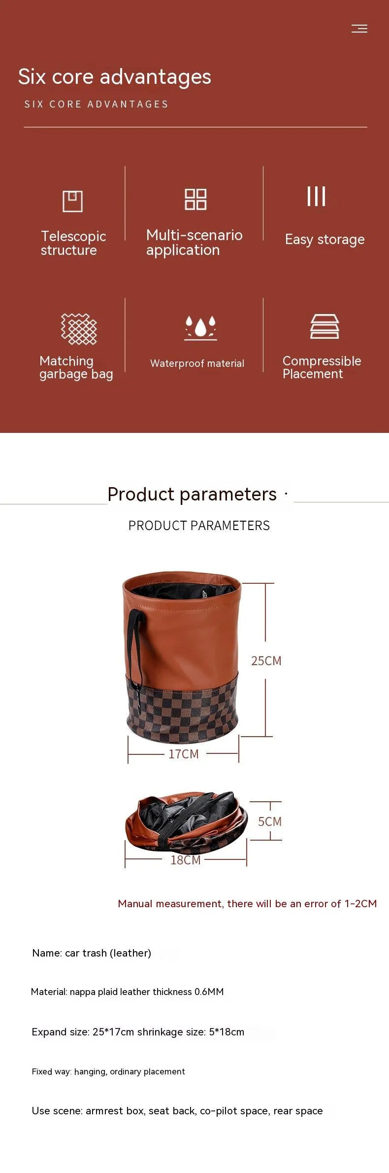 Leather folding car interior trash can shown in single colour option with handle