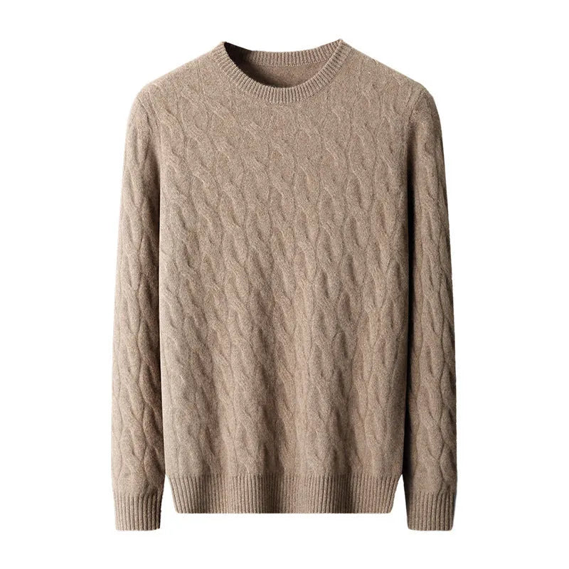 Men's thickened cashmere sweater with round neck, long sleeves, and twisted design in White, Flower Blue, Yellow Camel, Light Gray, Dark Gray, or Purple Velvet.