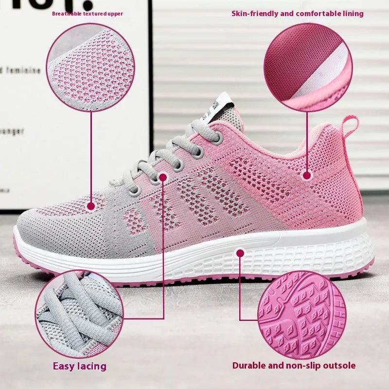 Women's flyknit running shoes in rose red with soft flat sole and round toe