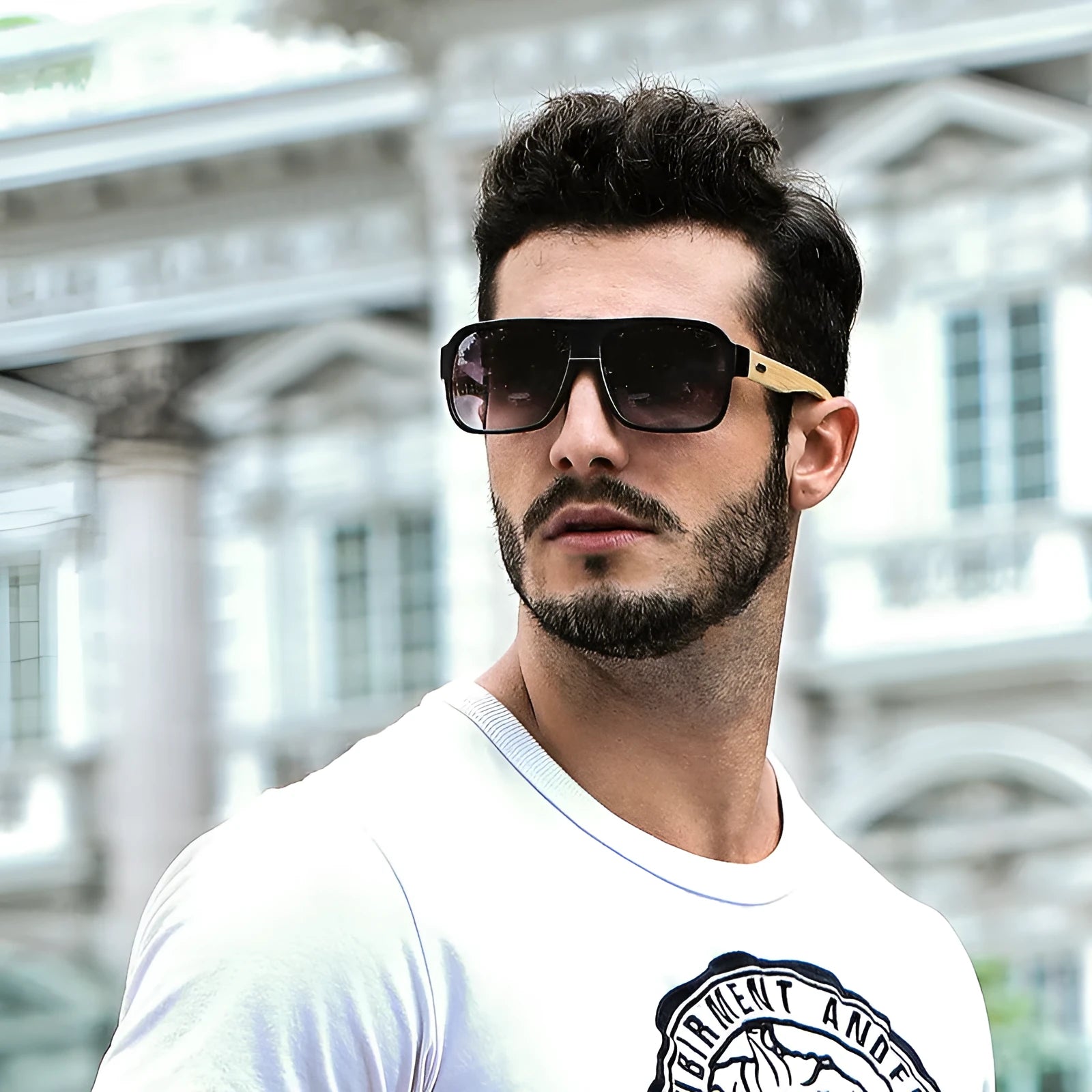 Wooden square sunglasses with brown frame and PC lenses on a flat surface