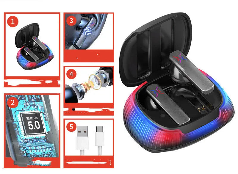 Hall Flashing wireless gaming earphones in black or white with charging cable