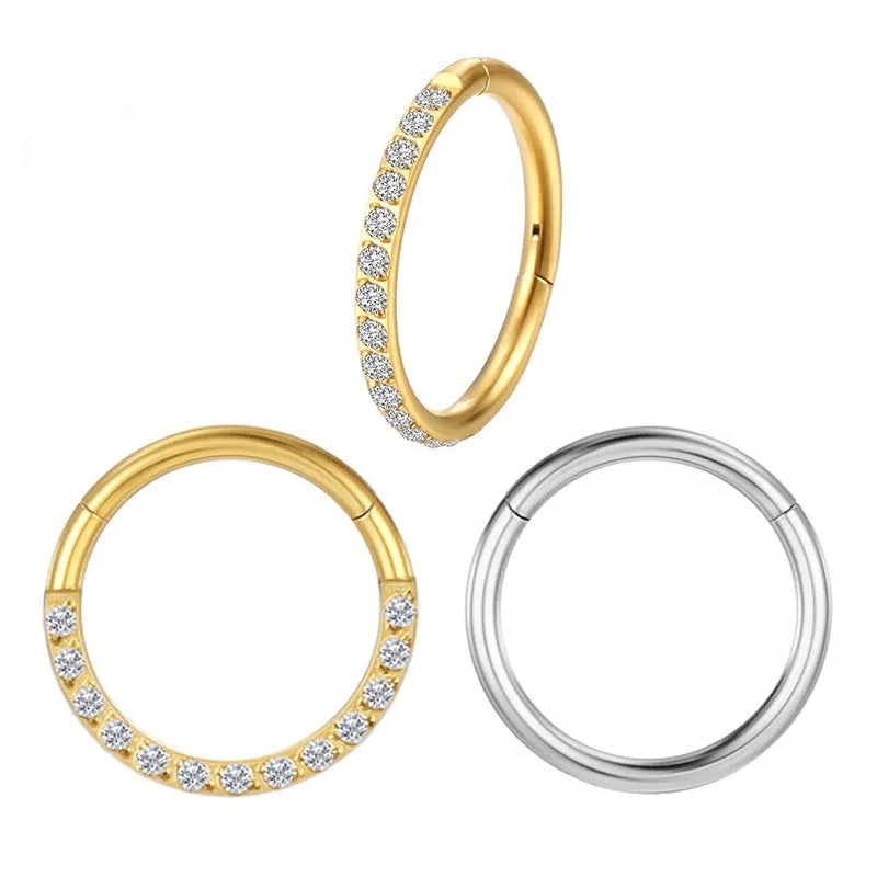 Titanium alloy nose ring with inlaid zircon, 1.2x12mm seamless round hoop in Diamond Gold