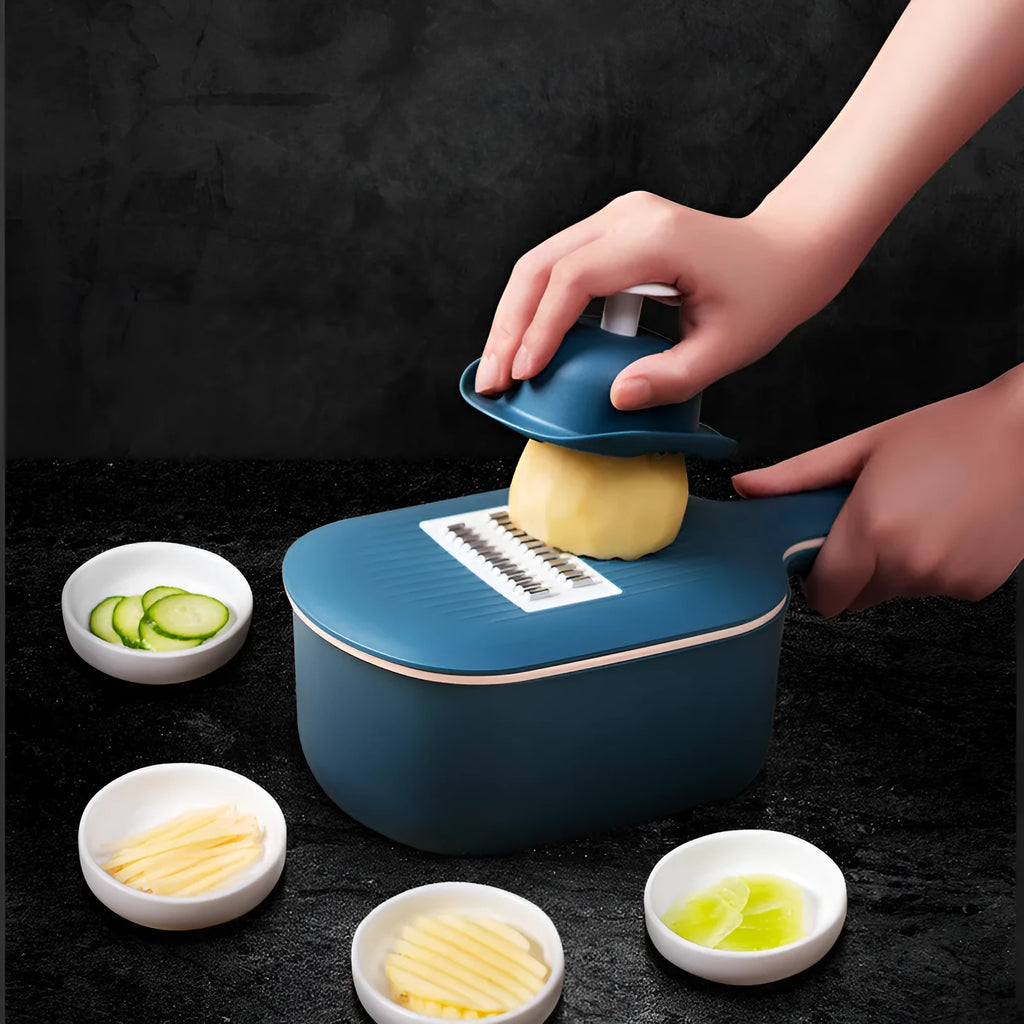 Vegetable cutter with four blades, hand protection, drain basket and bottom basin in dark blue, pink, white or light blue