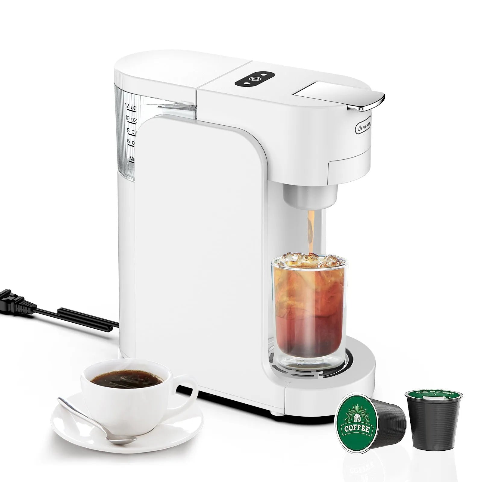 Black or white mini capsule coffee machine with a transparent water tank and adjustable stainless steel drip tray.