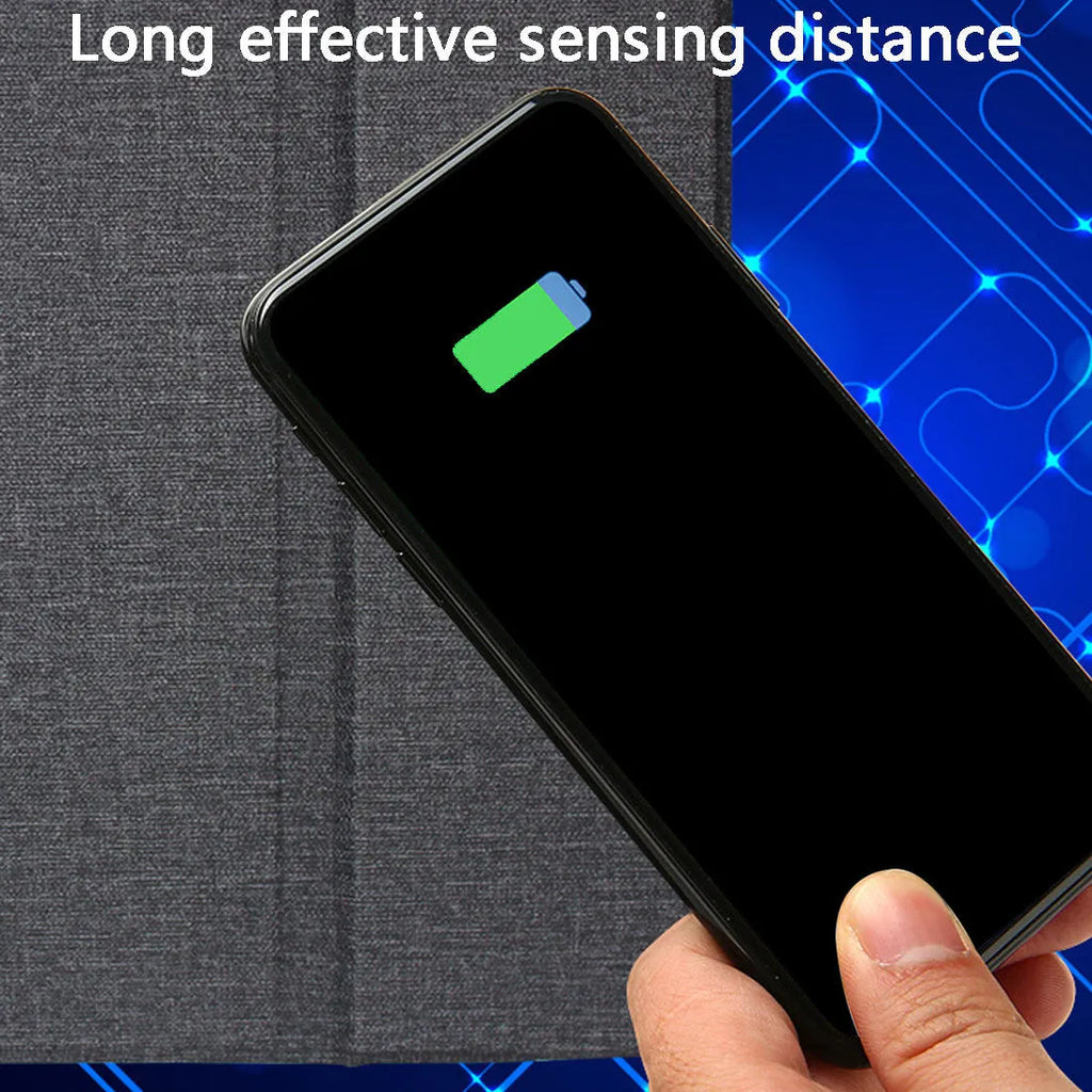 Black 2-in-1 wireless charging mouse pad with non-slip base and phone stand on a desk