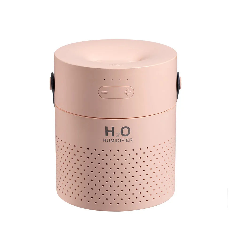 Slim USB rechargeable humidifier with colour LED light in green, grey, pink or white, showing water tank and USB port.