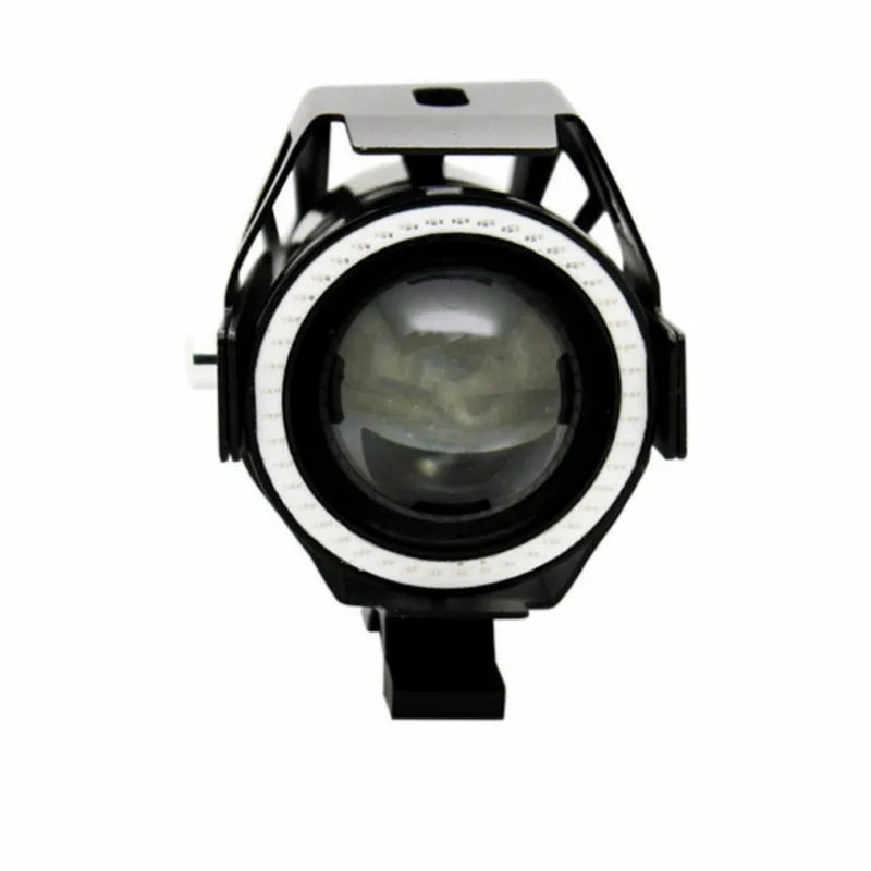 Black plastic motorcycle LED spotlight with 125W power and 50m range, 12x8cm size
