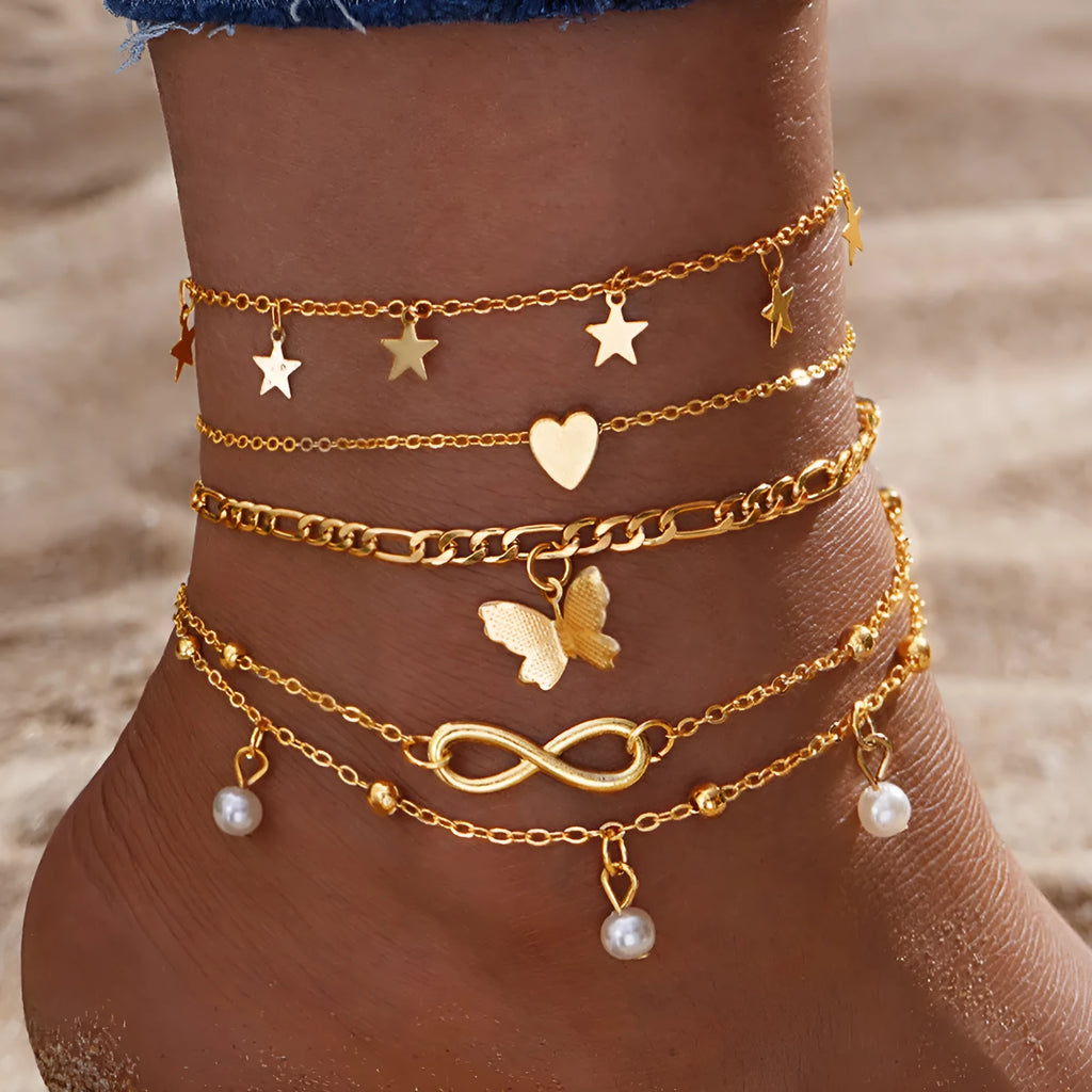 Butterfly pearl heart anklet set of four silver-tone alloy foot chains for women