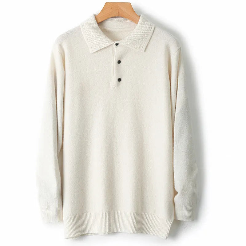 Men's woollen polo collar pullover sweater in assorted colours on a size chart background.