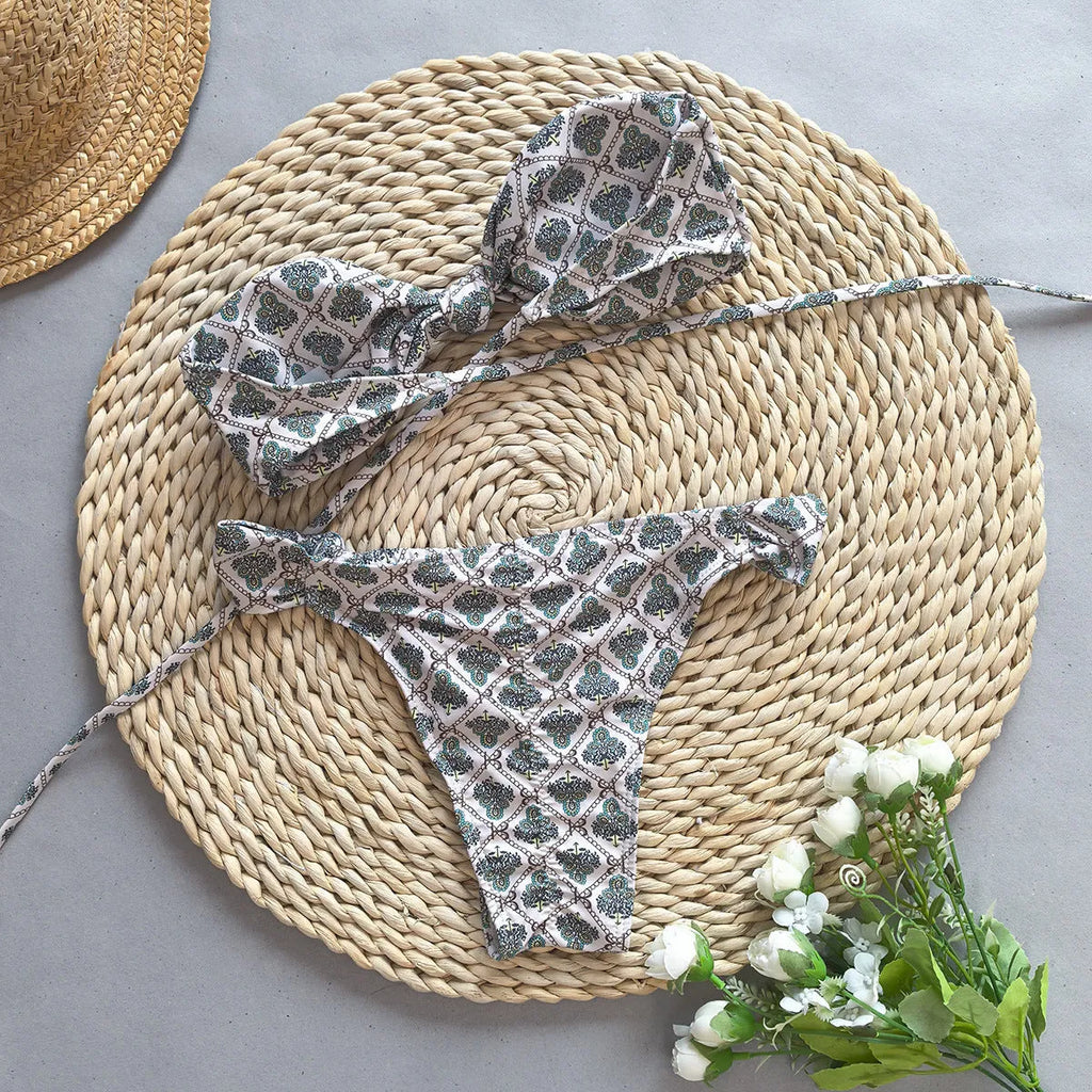 Gray push up split bikini set with black and white nylon fabric for women
