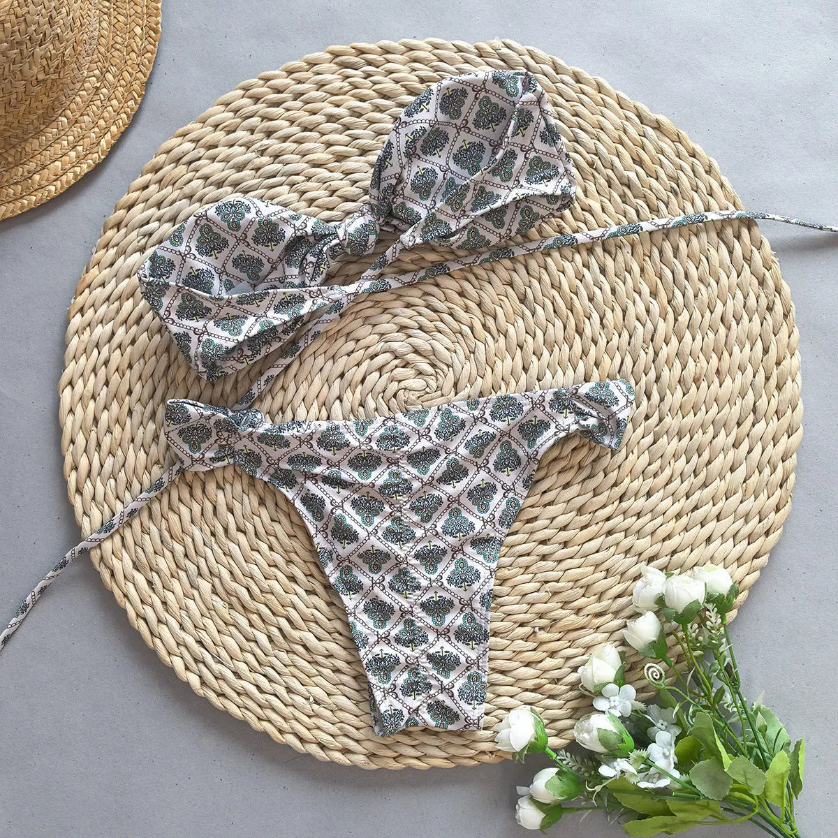Gray push up split bikini set with black and white nylon fabric for women