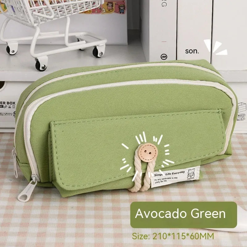 Korean style canvas pencil case in beige, blue, grey, and green colour options with large capacity for approximately 80 pens