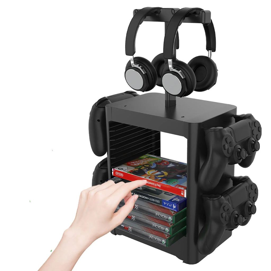 Black ABS game console storage rack holding headphones, controllers, and with an open accessory drawer.
