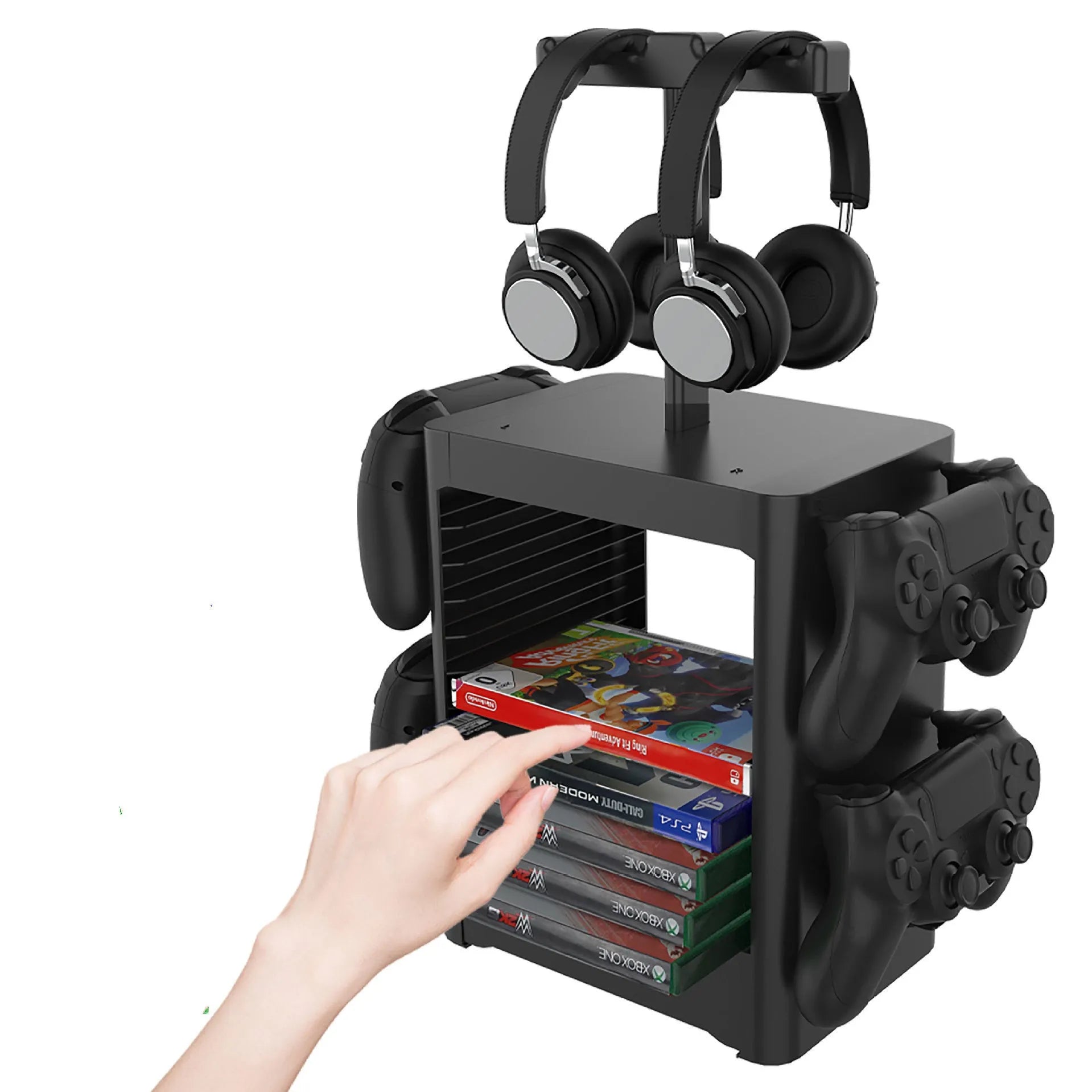 Black ABS game console storage rack holding headphones, controllers, and with an open accessory drawer.