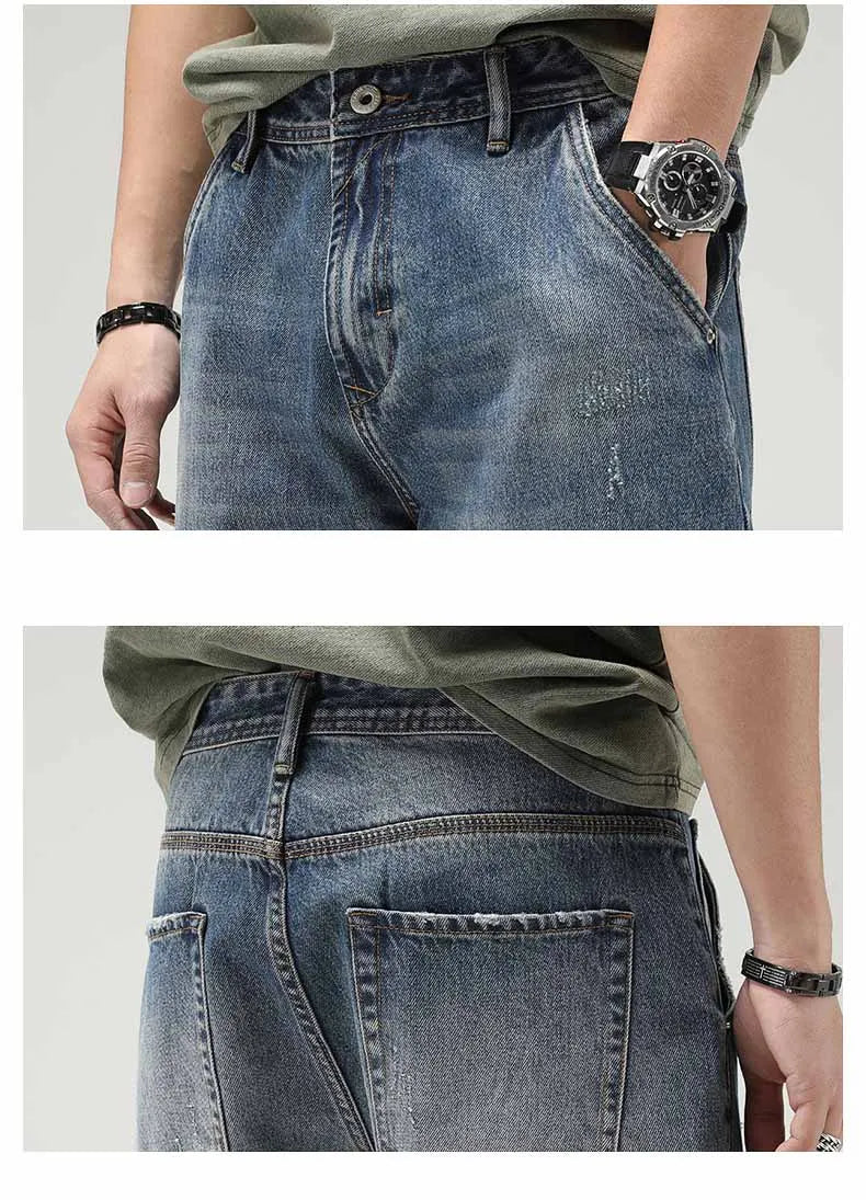 Men's retro blue jeans, loose straight-leg cut, 100% cotton denim, middle waist, nine-pants length.