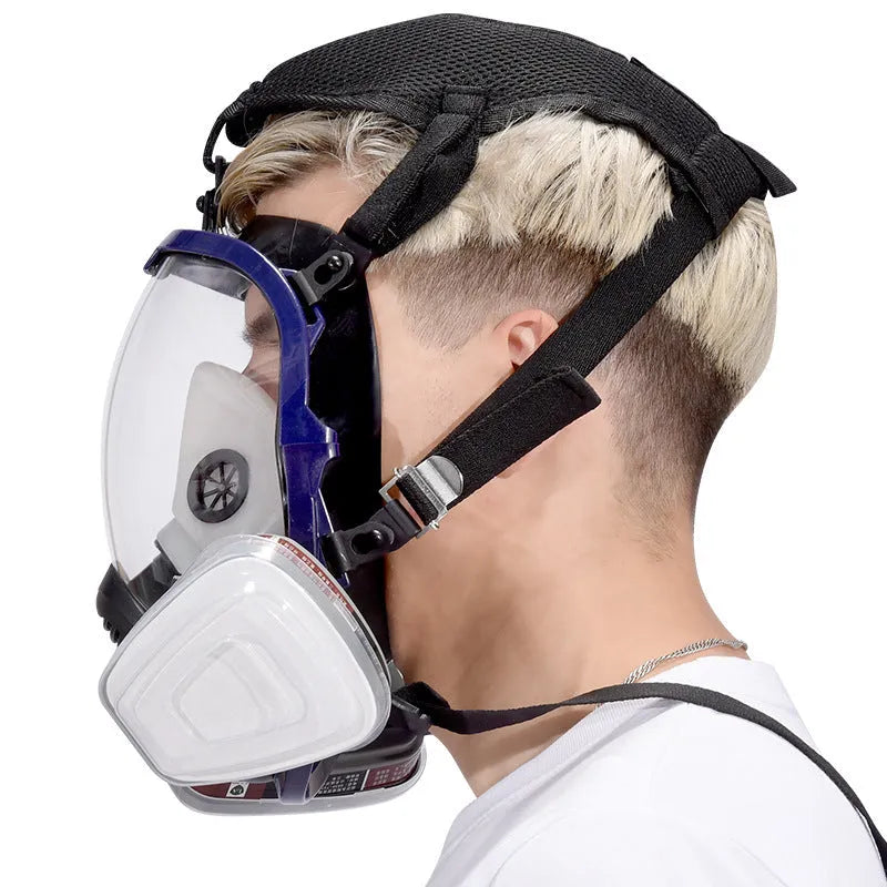 Blue edge spherical full face mask with silicone trapezoidal canister for KN95 and gas activated carbon protection