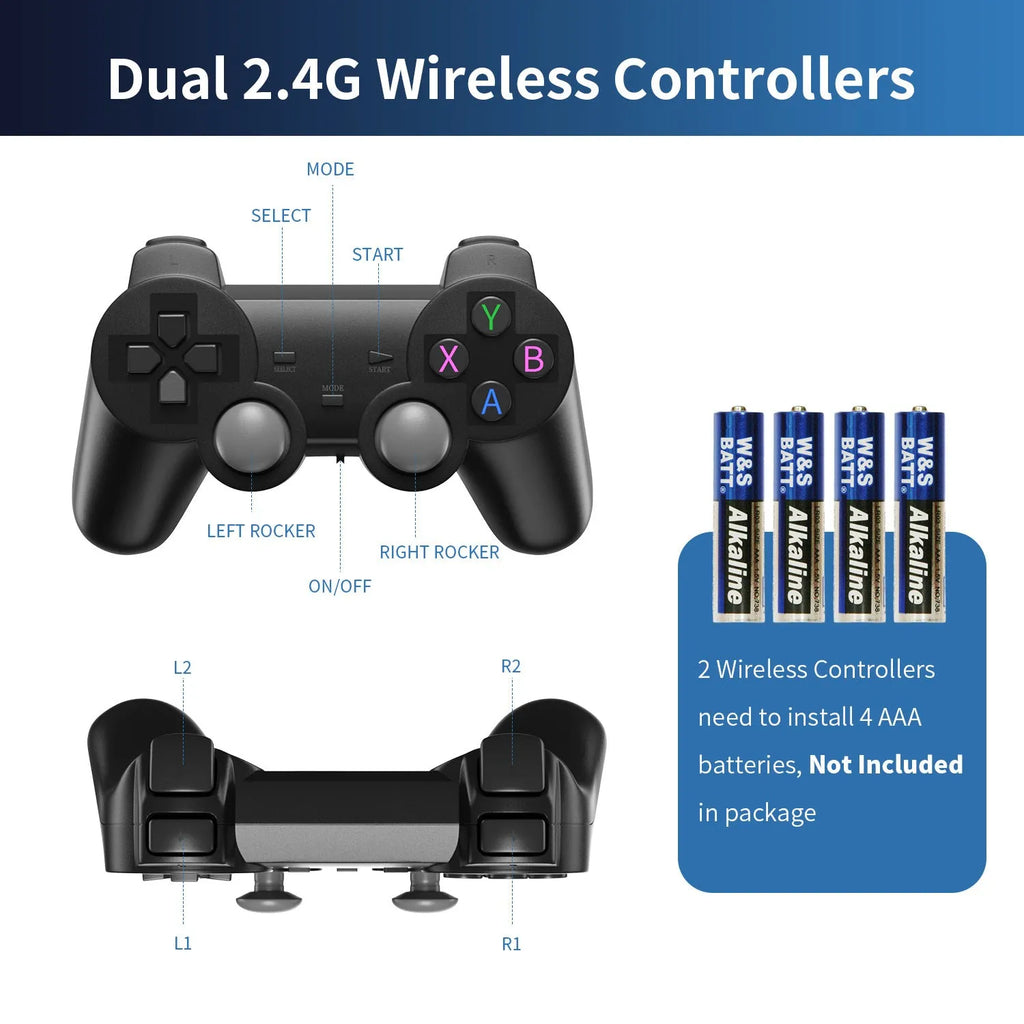 HD Home TV Game Console in e-sports style with wireless handle on a black surface
