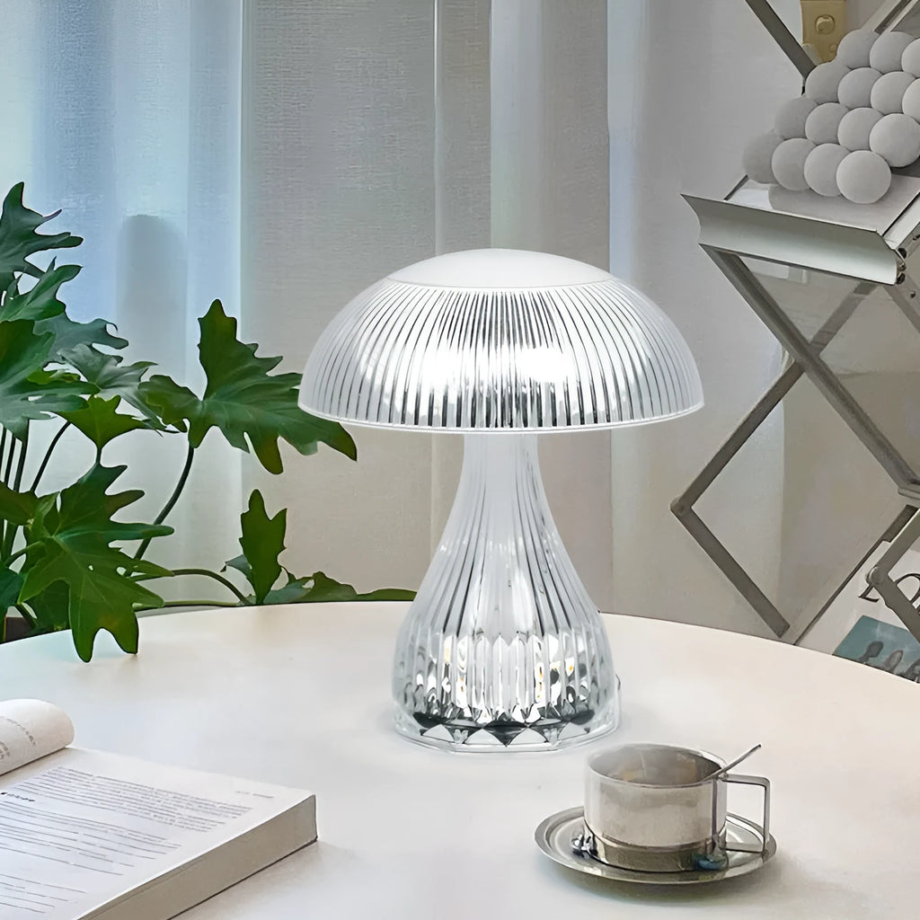 Small white night lamp with USB charging cable and touch control on wooden table