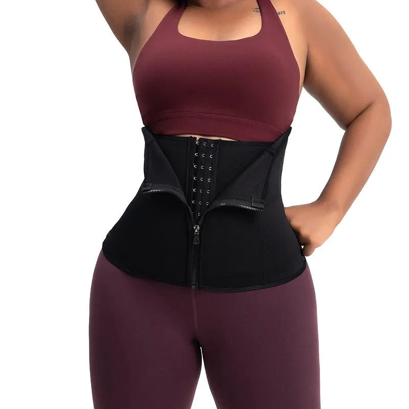 Breasted neoprene body shaping corset belt for women in black, shown on a mannequin.