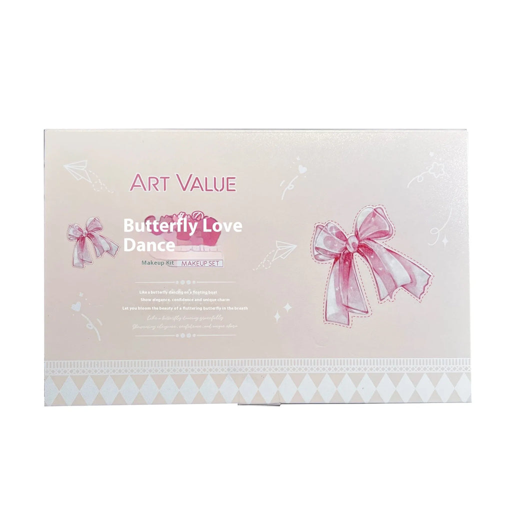 Butterfly box makeup set with pink lip muds, powder blusher, and necklace accessory