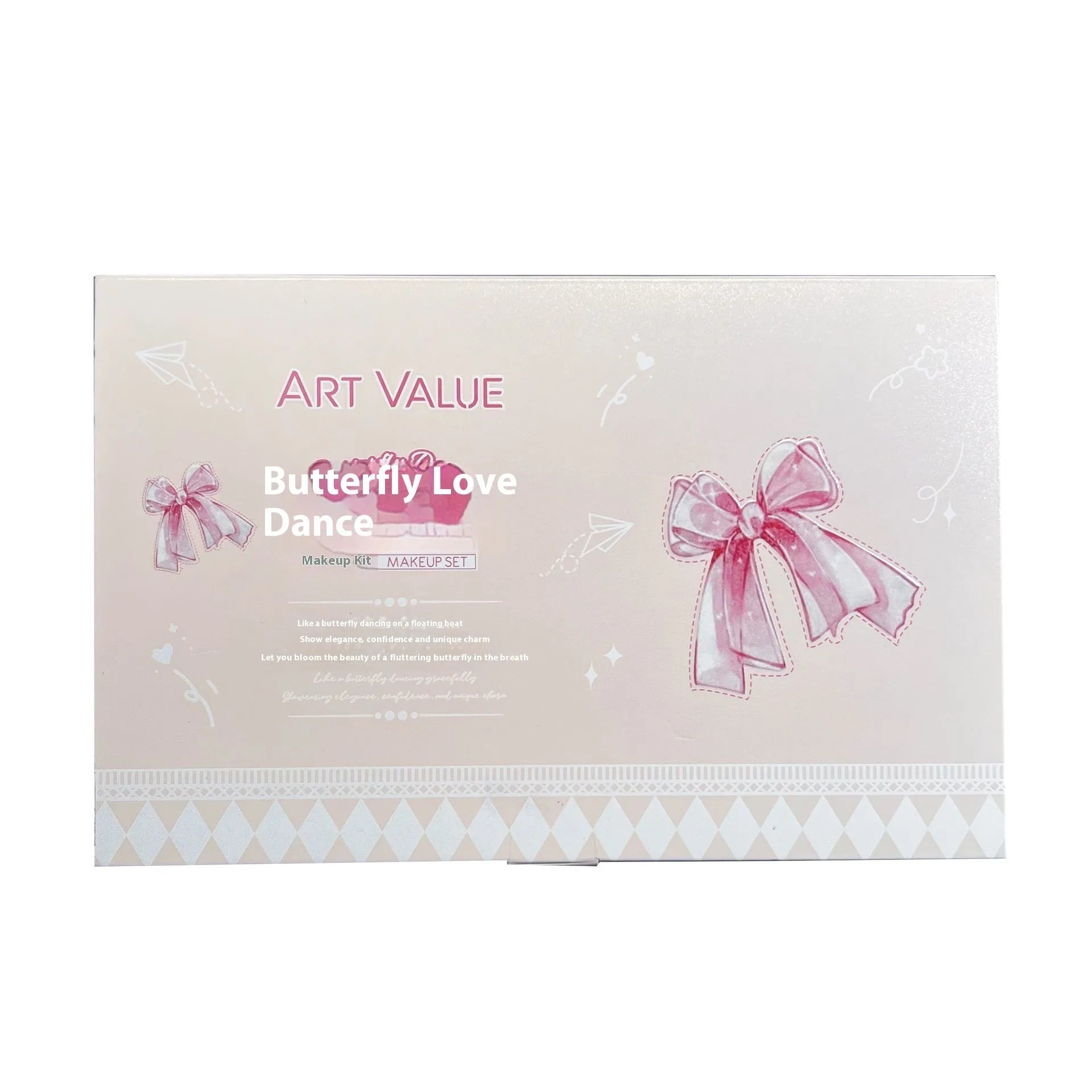 Butterfly box makeup set with pink lip muds, powder blusher, and necklace accessory