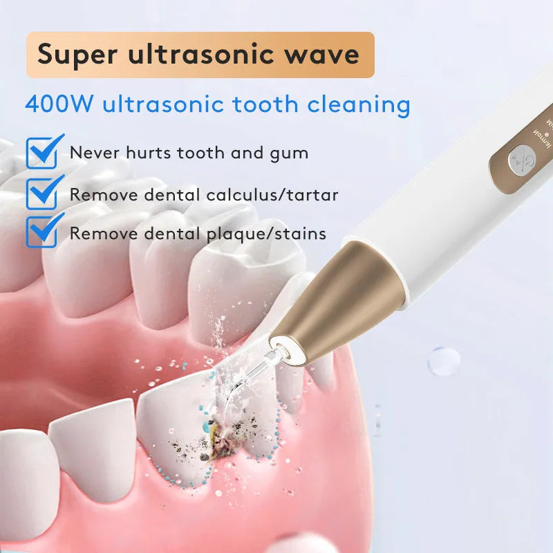 Gold ultrasonic tooth cleaner for removing tartar and stains with high-frequency vibration technology