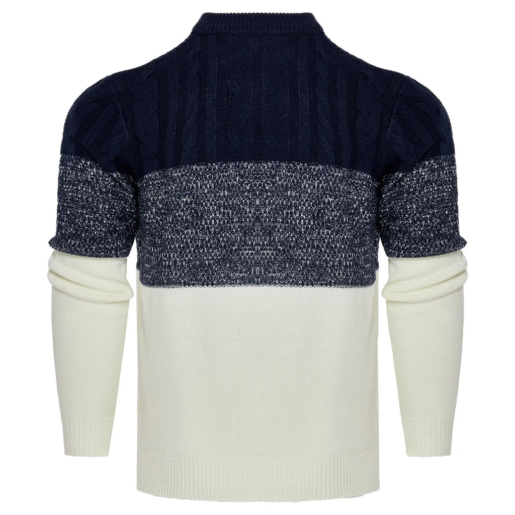 Men's grey crew neck knitted sweater with long sleeves laid flat