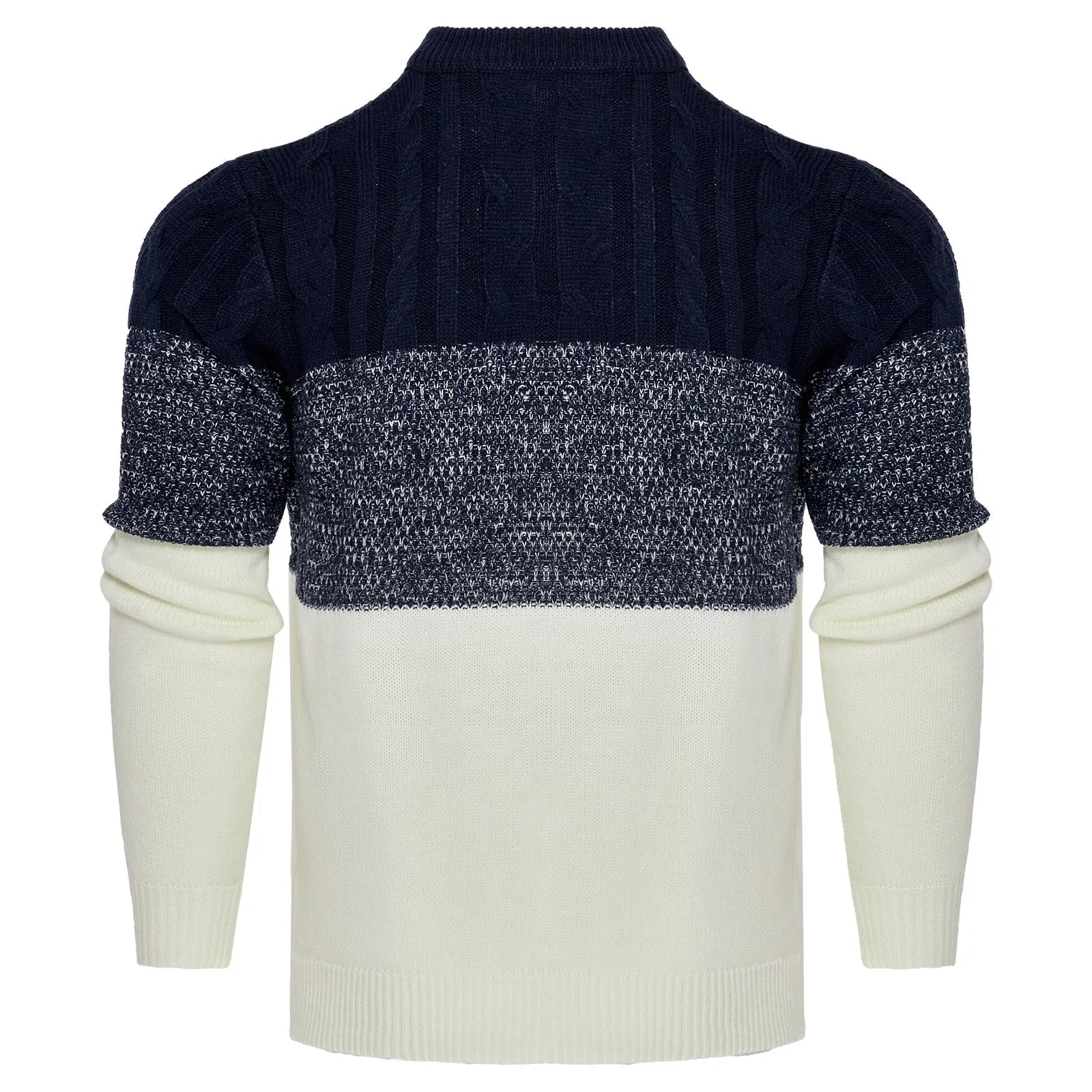 Men's grey crew neck knitted sweater with long sleeves laid flat