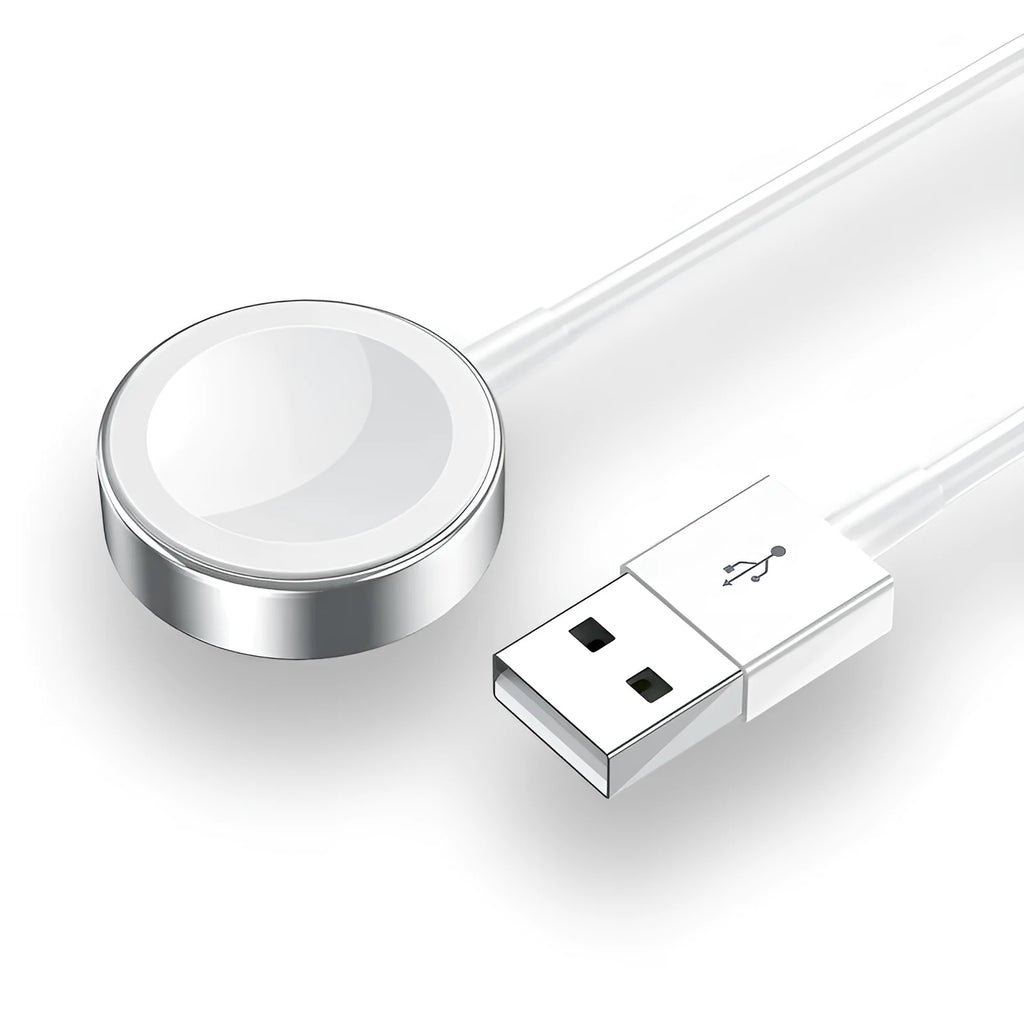White Apple Watch wireless charger with 1m USB cable, ABS and stainless steel, 2W output, compatible with iPhone models