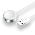 White Apple Watch wireless charger with 1m USB cable, ABS and stainless steel, 2W output, compatible with iPhone models